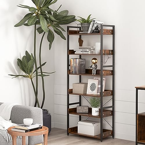 Giantex Industrial 6-Tier Bookshelf, 70" Tall Freestanding Storage Display Shelf with 4 Hooks, Anti-Tipping Device, Adjustable Foot Pads, Wooden Floor Open Display Shelving, Bookcase Shelf Rack