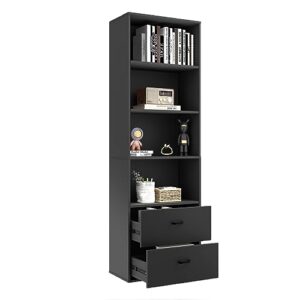 silkydry 74” tall bookshelf with 2 drawers, 4 tiers open storage shelves, freestanding bookcase with anti-tip devices, wooden book organizer cabinet for bedroom, living room, home office (black)