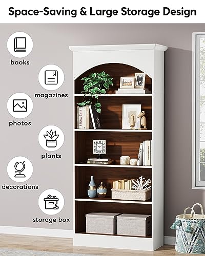 Tribesigns 5-Shelf White Bookcase and Bookshelf, 70.9'' Tall Bookcase with 5-Tier Storage Shelves, Vintage Free-Standing Library Bookshelf Shelving Unit for Living Room, Home Office (White & Oak)