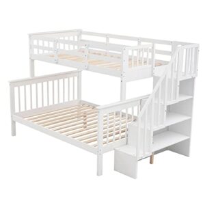 DEYOBED Twin Over Full Wooden Bunk Bed with Storage Stairway for Kids Teens Adults