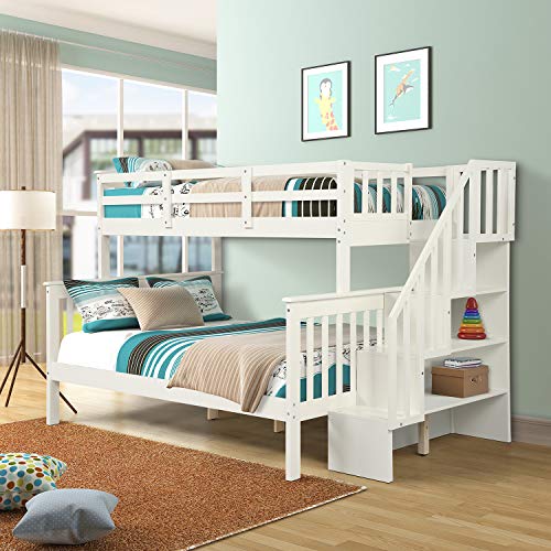 DEYOBED Twin Over Full Wooden Bunk Bed with Storage Stairway for Kids Teens Adults