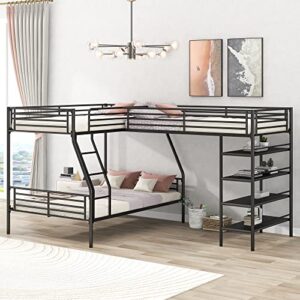 tartop l shaped bunk bed for 3, metal triple bunk bed, heavy-duty steel frame twin over full bunk bed and twin size loft bed with four built-in shelves for bedroom, dorm, boys, girls, adults,black