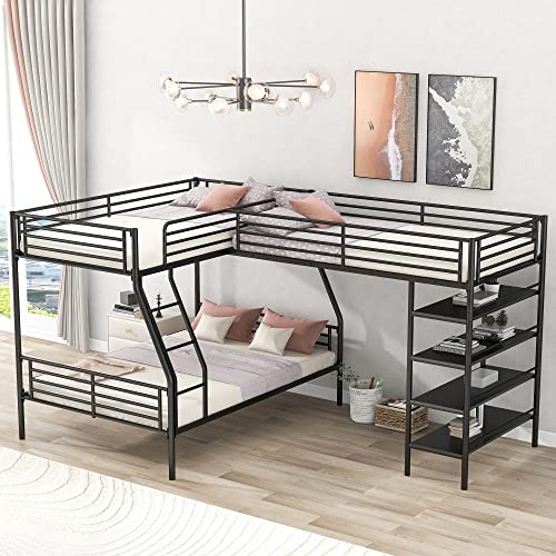 TARTOP L Shaped Bunk Bed for 3, Metal Triple Bunk Bed, Heavy-Duty Steel Frame Twin Over Full Bunk Bed and Twin Size Loft Bed with Four Built-in Shelves for Bedroom, Dorm, Boys, Girls, Adults,Black