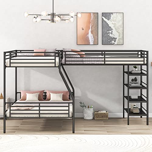 TARTOP L Shaped Bunk Bed for 3, Metal Triple Bunk Bed, Heavy-Duty Steel Frame Twin Over Full Bunk Bed and Twin Size Loft Bed with Four Built-in Shelves for Bedroom, Dorm, Boys, Girls, Adults,Black