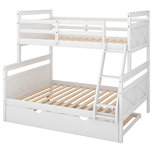 TARTOP Twin Over Full Bunk Bed with Trundle, Solid Wood Bunk Bed Frame with Ladder and Safety Guardrail, for Kids Teens Adults,No Spring Box Needed,White