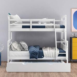 TARTOP Twin Over Full Bunk Bed with Trundle, Solid Wood Bunk Bed Frame with Ladder and Safety Guardrail, for Kids Teens Adults,No Spring Box Needed,White