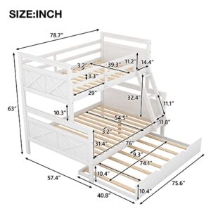 TARTOP Twin Over Full Bunk Bed with Trundle, Solid Wood Bunk Bed Frame with Ladder and Safety Guardrail, for Kids Teens Adults,No Spring Box Needed,White