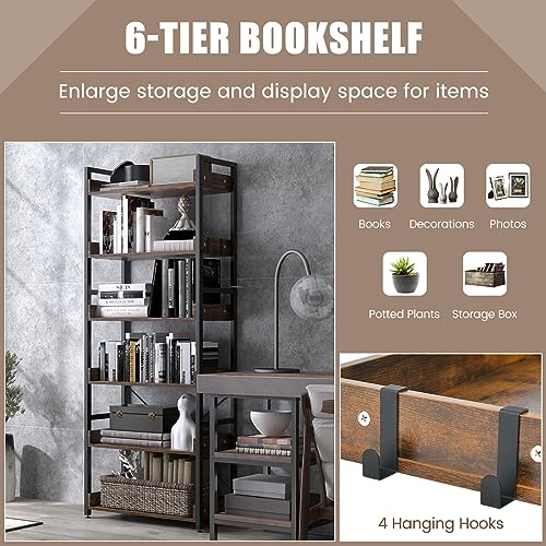 Tangkula 6-Tier Bookshelf, 70” Tall Industrial Bookcase w/Open Shelves & 4 Hooks, Storage Rack w/Metal Frame, Vintage Standing Display Rack for Study Living Room Kitchen (Rustic Brown, 6-Tier)