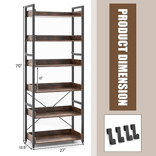 Tangkula 6-Tier Bookshelf, 70” Tall Industrial Bookcase w/Open Shelves & 4 Hooks, Storage Rack w/Metal Frame, Vintage Standing Display Rack for Study Living Room Kitchen (Rustic Brown, 6-Tier)