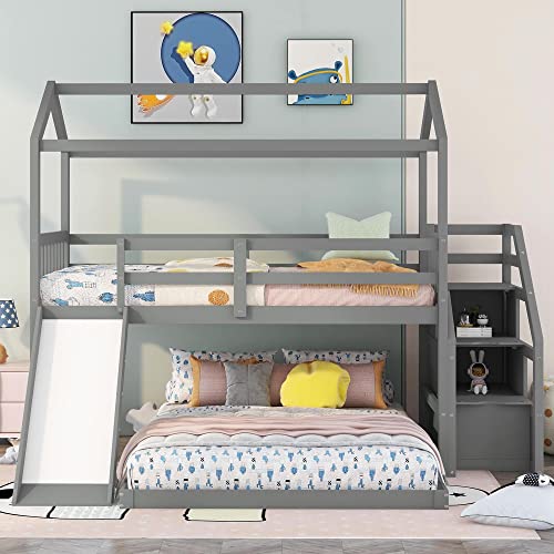 POCIYIHOME Twin Over Full House Bunk Bed with Convertible Slide & Storage Staircase, Wood Bed Frame with Slat Support & Full Length Guardrail for Kids,Teens Bedroom, No Box Spring Needed, Gray