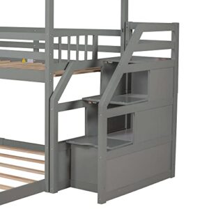 POCIYIHOME Twin Over Full House Bunk Bed with Convertible Slide & Storage Staircase, Wood Bed Frame with Slat Support & Full Length Guardrail for Kids,Teens Bedroom, No Box Spring Needed, Gray