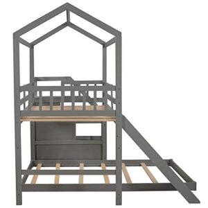 POCIYIHOME Twin Over Full House Bunk Bed with Convertible Slide & Storage Staircase, Wood Bed Frame with Slat Support & Full Length Guardrail for Kids,Teens Bedroom, No Box Spring Needed, Gray