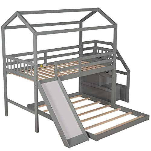 POCIYIHOME Twin Over Full House Bunk Bed with Convertible Slide & Storage Staircase, Wood Bed Frame with Slat Support & Full Length Guardrail for Kids,Teens Bedroom, No Box Spring Needed, Gray