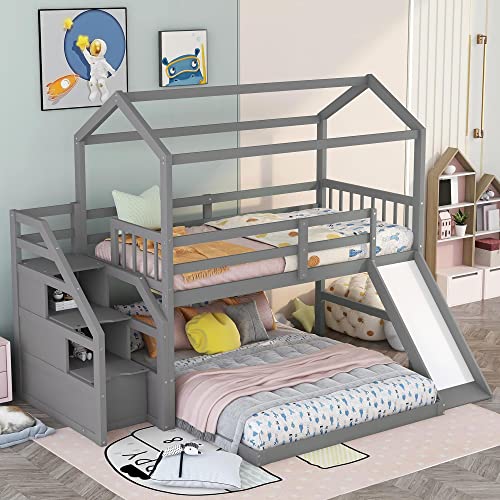 POCIYIHOME Twin Over Full House Bunk Bed with Convertible Slide & Storage Staircase, Wood Bed Frame with Slat Support & Full Length Guardrail for Kids,Teens Bedroom, No Box Spring Needed, Gray