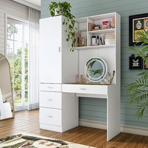 famapy armoire wardrobe with vanity desk and lighted mirror, armoire with hanging rod, drawers & shelves, glass tabletop, armoire closet for bedroom white (47.2”w x 19.1”d x 70.8”h)