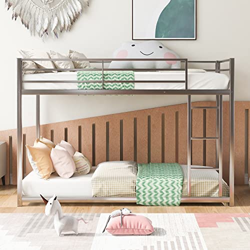 POCIYIHOME Twin Over Twin Steel Bunk Bed, Low Bunk Bed with Ladder & Slat Support & Full Length Guardrail for Kids,Teens Bedroom, Simple & Space-Saving, No Box Spring Needed, Silver