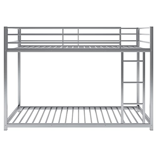 POCIYIHOME Twin Over Twin Steel Bunk Bed, Low Bunk Bed with Ladder & Slat Support & Full Length Guardrail for Kids,Teens Bedroom, Simple & Space-Saving, No Box Spring Needed, Silver
