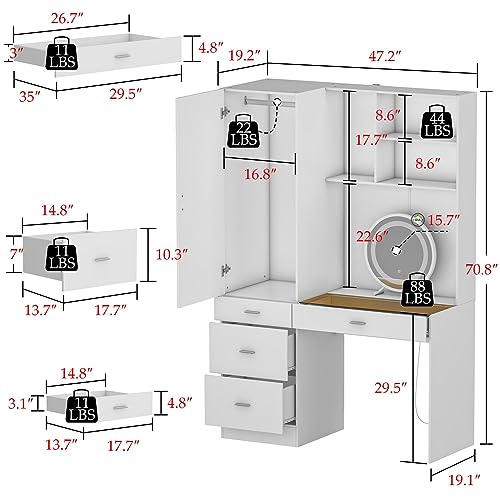 FAMAPY Armoire Wardrobe with Vanity Desk and Lighted Mirror, Armoire with Hanging Rod, Drawers & Shelves, Glass Tabletop, Armoire Closet for Bedroom White (47.2”W x 19.1”D x 70.8”H)