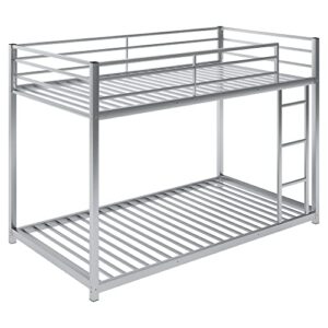 POCIYIHOME Twin Over Twin Steel Bunk Bed, Low Bunk Bed with Ladder & Slat Support & Full Length Guardrail for Kids,Teens Bedroom, Simple & Space-Saving, No Box Spring Needed, Silver