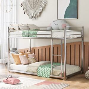 POCIYIHOME Twin Over Twin Steel Bunk Bed, Low Bunk Bed with Ladder & Slat Support & Full Length Guardrail for Kids,Teens Bedroom, Simple & Space-Saving, No Box Spring Needed, Silver