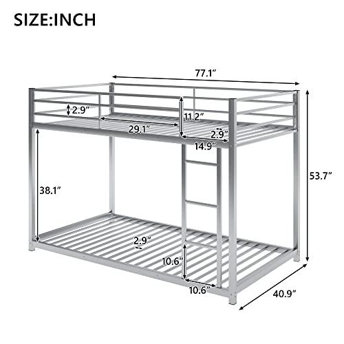 POCIYIHOME Twin Over Twin Steel Bunk Bed, Low Bunk Bed with Ladder & Slat Support & Full Length Guardrail for Kids,Teens Bedroom, Simple & Space-Saving, No Box Spring Needed, Silver