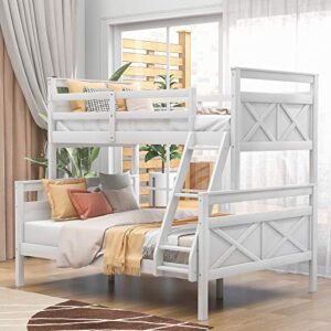 pociyihome twin over full bunk bed with ladder, wood bed frame with slat support & full length guardrail for kids,teens bedroom, convertible into two separate beds, no box spring needed, white