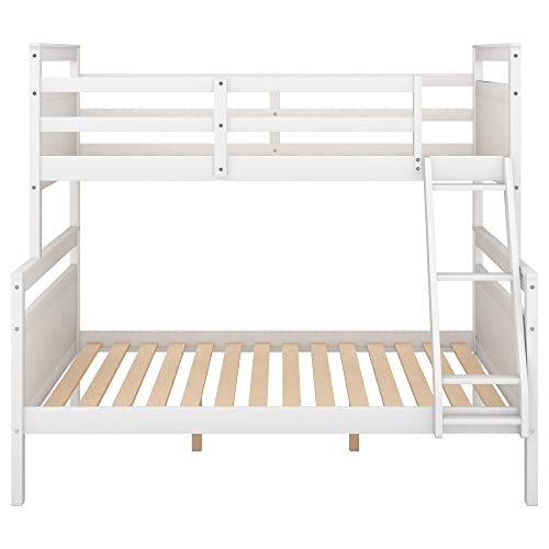 POCIYIHOME Twin Over Full Bunk Bed with Ladder, Wood Bed Frame with Slat Support & Full Length Guardrail for Kids,Teens Bedroom, Convertible into Two Separate Beds, No Box Spring Needed, White
