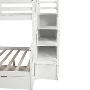 POCIYIHOME Twin Over Full Bunk Bed with Multifunctional Storage Stairway & Slide, Modern Bunk Bed with Build-in Drawers for Kids,Teens Bedroom, Practical & Space-Saving, No Box Spring Needed, White