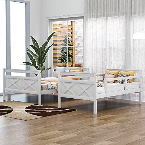 POCIYIHOME Twin Over Full Bunk Bed with Ladder, Wood Bed Frame with Slat Support & Full Length Guardrail for Kids,Teens Bedroom, Convertible into Two Separate Beds, No Box Spring Needed, White
