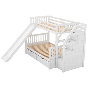 POCIYIHOME Twin Over Full Bunk Bed with Multifunctional Storage Stairway & Slide, Modern Bunk Bed with Build-in Drawers for Kids,Teens Bedroom, Practical & Space-Saving, No Box Spring Needed, White