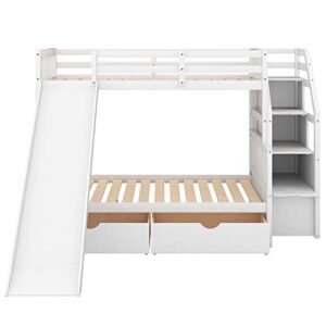 POCIYIHOME Twin Over Full Bunk Bed with Multifunctional Storage Stairway & Slide, Modern Bunk Bed with Build-in Drawers for Kids,Teens Bedroom, Practical & Space-Saving, No Box Spring Needed, White