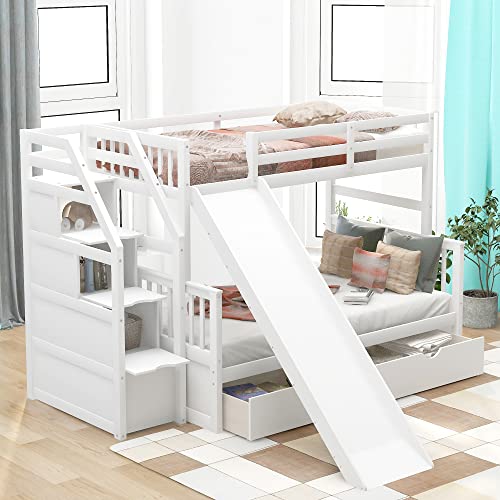 POCIYIHOME Twin Over Full Bunk Bed with Multifunctional Storage Stairway & Slide, Modern Bunk Bed with Build-in Drawers for Kids,Teens Bedroom, Practical & Space-Saving, No Box Spring Needed, White