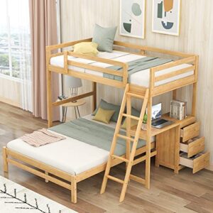 pociyihome twin over full bunk bed with built-in desk and three drawers, wood bunk bed with full-length guardrail & solid slat support for kids,teens bedroom, no box spring needed, natural