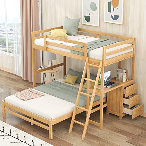 POCIYIHOME Twin Over Full Bunk Bed with Built-in Desk and Three Drawers, Wood Bunk Bed with Full-Length Guardrail & Solid Slat Support for Kids,Teens Bedroom, No Box Spring Needed, Natural