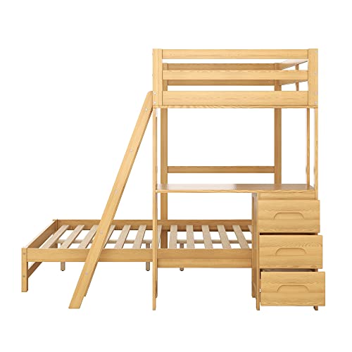 POCIYIHOME Twin Over Full Bunk Bed with Built-in Desk and Three Drawers, Wood Bunk Bed with Full-Length Guardrail & Solid Slat Support for Kids,Teens Bedroom, No Box Spring Needed, Natural