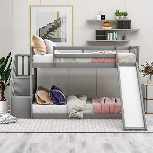 POCIYIHOME Twin Over Twin Bunk Bed with Convertible Slide and Stairway, Modern Floor Bunk Bed with Full-Length Guardrail & Solid Slat Support for Kids,Teens, No Box Spring Needed, Gray