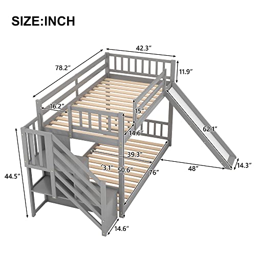 POCIYIHOME Twin Over Twin Bunk Bed with Convertible Slide and Stairway, Modern Floor Bunk Bed with Full-Length Guardrail & Solid Slat Support for Kids,Teens, No Box Spring Needed, Gray