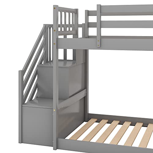 POCIYIHOME Twin Over Twin Bunk Bed with Convertible Slide and Stairway, Modern Floor Bunk Bed with Full-Length Guardrail & Solid Slat Support for Kids,Teens, No Box Spring Needed, Gray