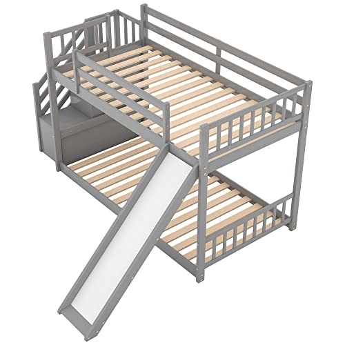 POCIYIHOME Twin Over Twin Bunk Bed with Convertible Slide and Stairway, Modern Floor Bunk Bed with Full-Length Guardrail & Solid Slat Support for Kids,Teens, No Box Spring Needed, Gray