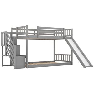 POCIYIHOME Twin Over Twin Bunk Bed with Convertible Slide and Stairway, Modern Floor Bunk Bed with Full-Length Guardrail & Solid Slat Support for Kids,Teens, No Box Spring Needed, Gray