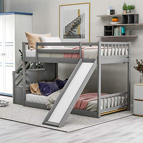 POCIYIHOME Twin Over Twin Bunk Bed with Convertible Slide and Stairway, Modern Floor Bunk Bed with Full-Length Guardrail & Solid Slat Support for Kids,Teens, No Box Spring Needed, Gray