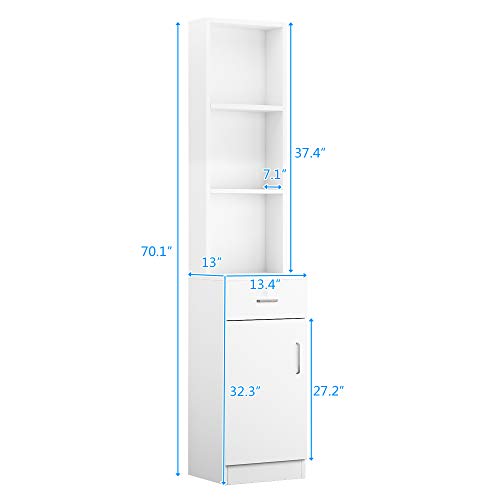 70.08inch Tall 3-Tier Bookcase with Drawers - White Narrow Bookcase with Cabinet , Open Storage Display Cabinet, 3-Cube Bookshelf for Living Room, Bedroom, Office 178 x 34 x 33 cm(L x W x H)