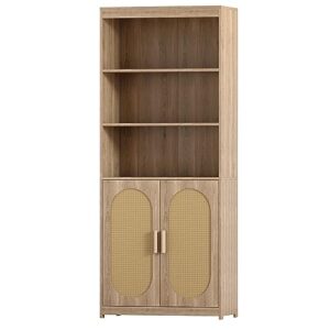 natural bookshelf with doors - tall bookcase with 3-tier open shelves for bedroom, living room (29" w x 14" d x 71.7" h)