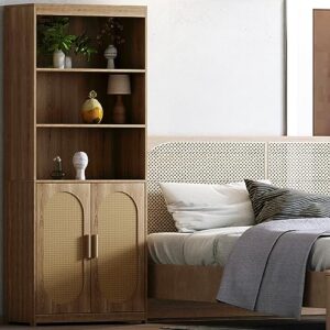 Natural Bookshelf with Doors - Tall Bookcase with 3-Tier Open Shelves for Bedroom, Living Room (29" W x 14" D x 71.7" H)