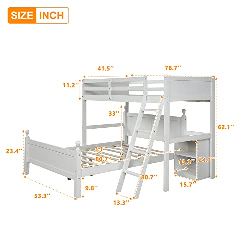 Eafurn Twin Over Full Bunk Bed with Storage Cabinet, Wood L-Shaped Bunk Beds with Guardrails and Ladder,2 in 1 Bunk Bed Convertible Into a Loft Bed and Platform Bed, No Box Spring Need