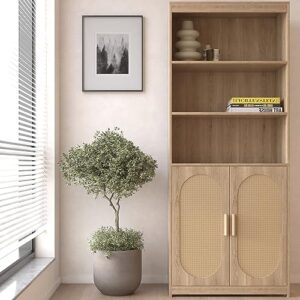 Natural Bookshelf with Doors - Tall Bookcase with 3-Tier Open Shelves for Bedroom, Living Room (29" W x 14" D x 71.7" H)