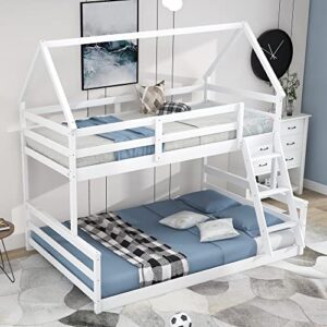 bovza twin over full house bunk bed, floor low bunk bed for kids teens girls boys, convertible to 2 beds, white