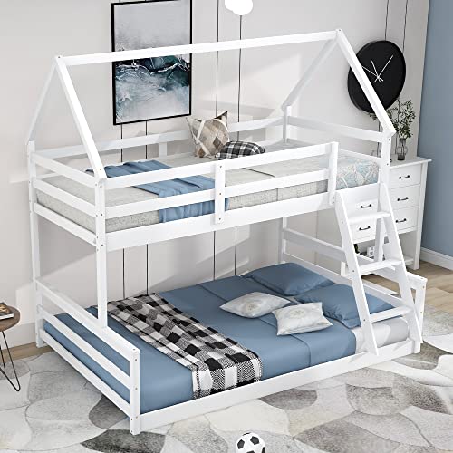 BOVZA Twin Over Full House Bunk Bed, Floor Low Bunk Bed for Kids Teens Girls Boys, Convertible to 2 Beds, White