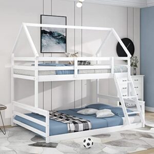 BOVZA Twin Over Full House Bunk Bed, Floor Low Bunk Bed for Kids Teens Girls Boys, Convertible to 2 Beds, White