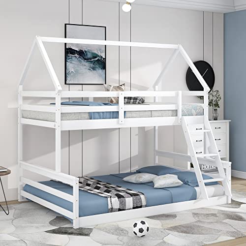 BOVZA Twin Over Full House Bunk Bed, Floor Low Bunk Bed for Kids Teens Girls Boys, Convertible to 2 Beds, White